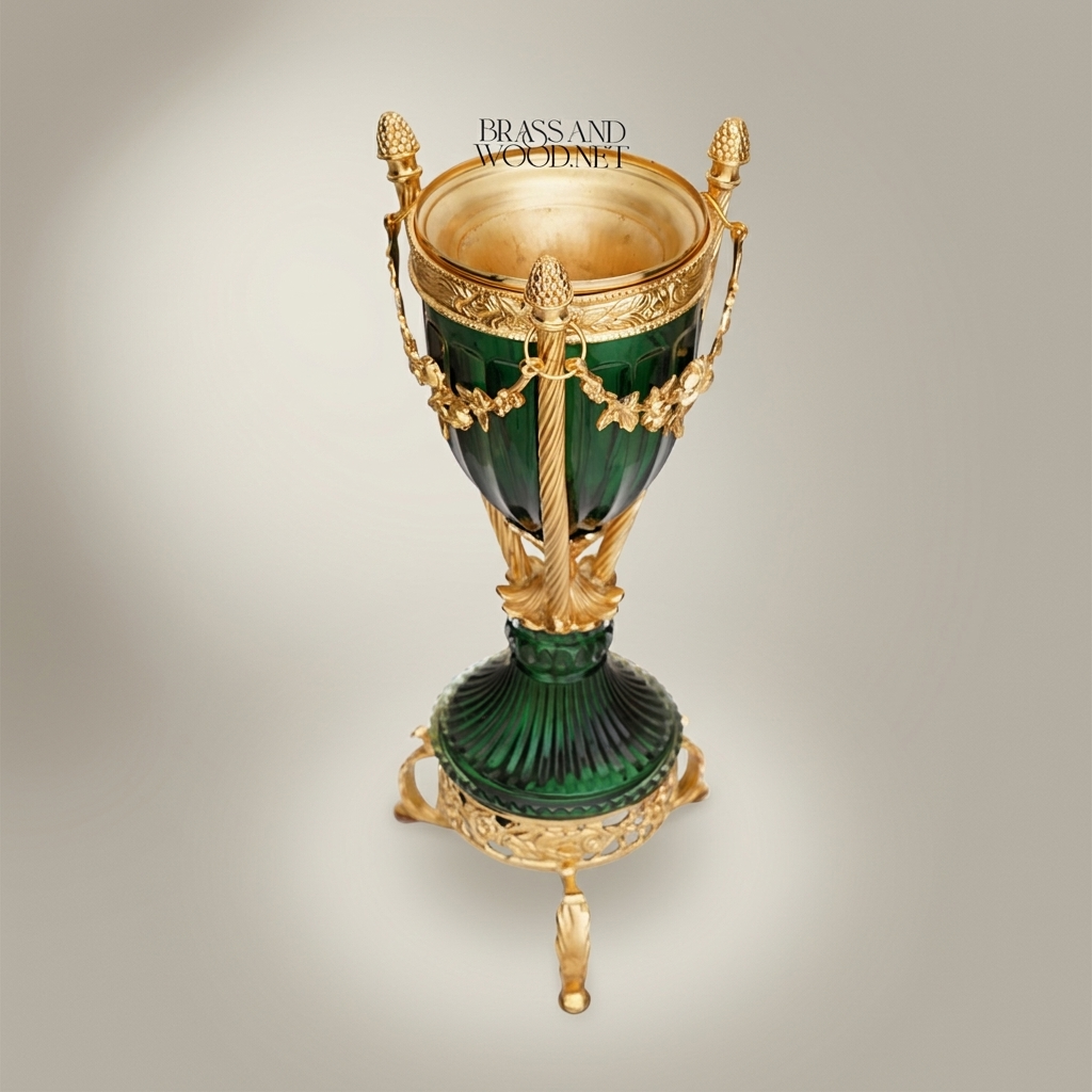 Neoclassical Emerald Glass & Brass Trophy Vase with Floral Swag Mounts — Gold