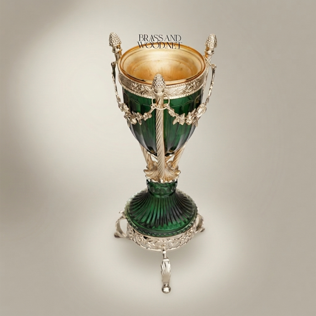 Neoclassical Emerald Glass & Brass Trophy Vase with Floral Swag Mounts — Silver