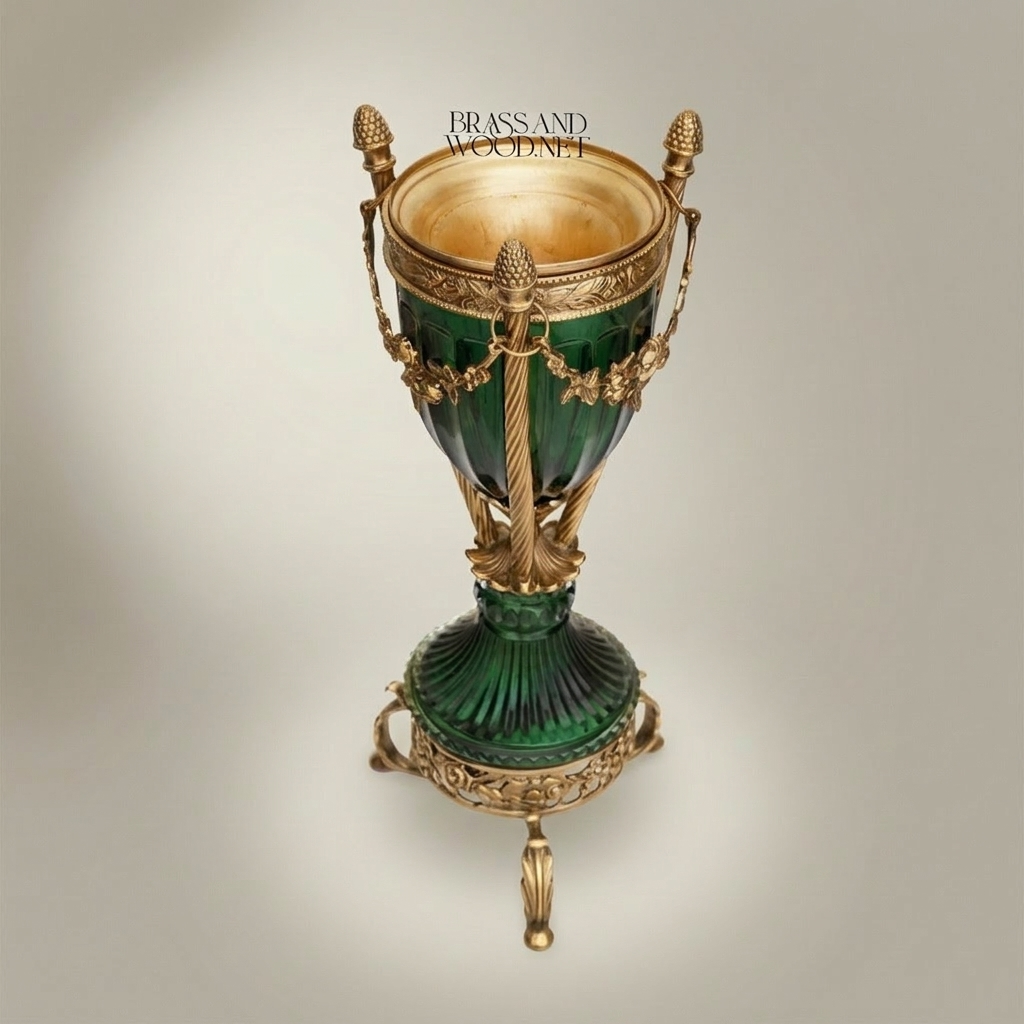 Neoclassical Emerald Glass & Brass Trophy Vase with Floral Swag Mounts — Antique Gold