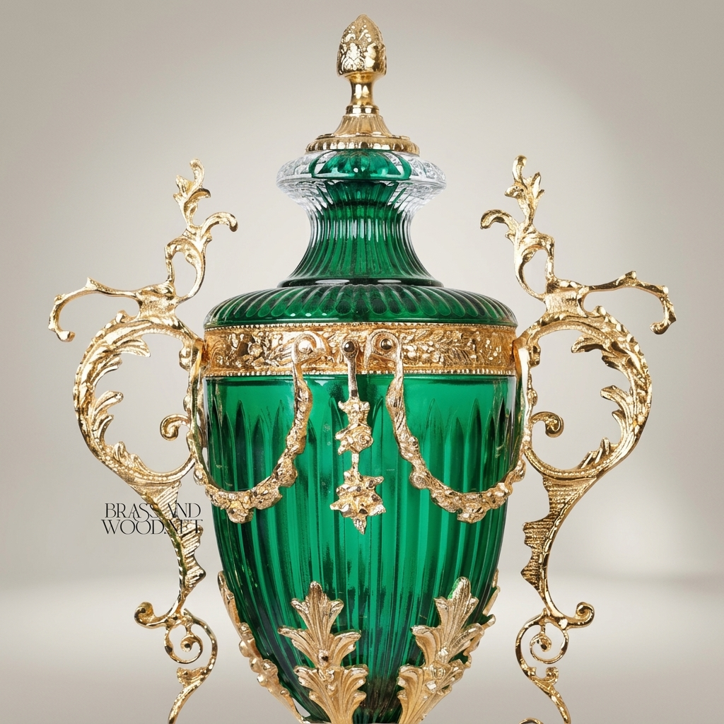 Neoclassical Emerald Glass Covered Urn Vase with Scrolled Brass Handles & Acanthus Mounts — Gold