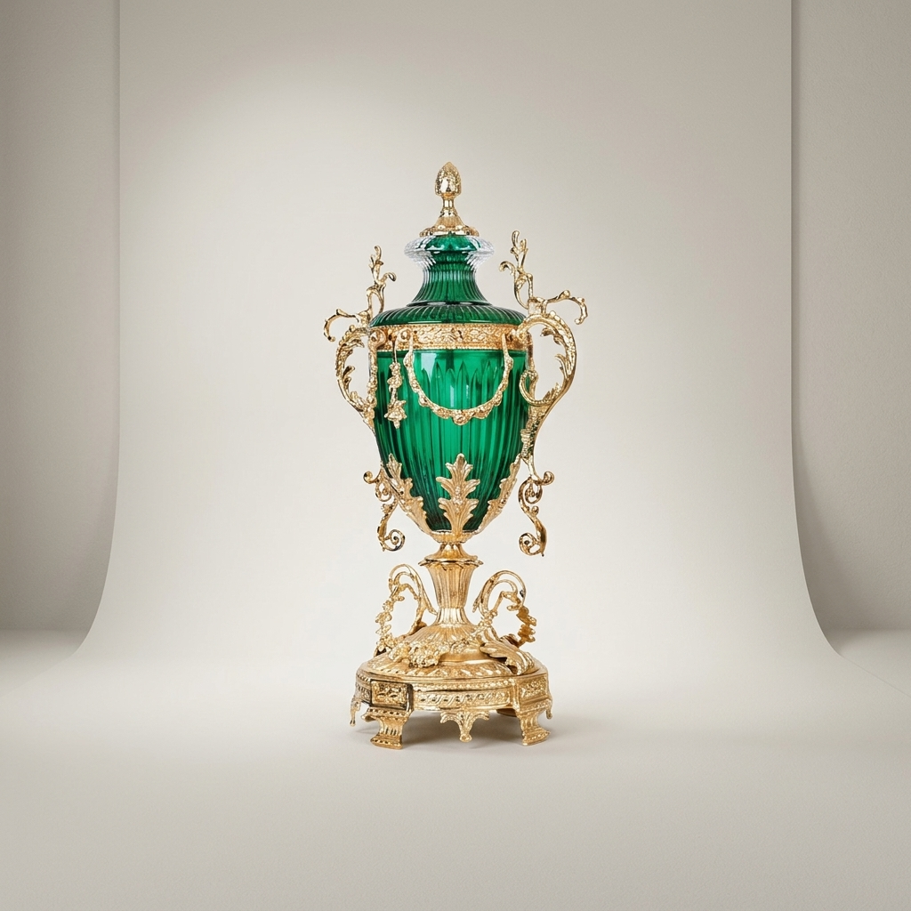 Neoclassical Emerald Glass Covered Urn Vase with Scrolled Brass Handles & Acanthus Mounts