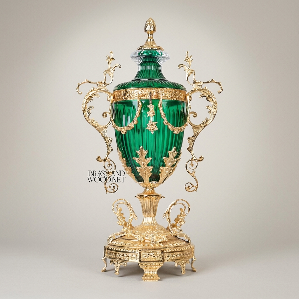 Neoclassical Emerald Glass Covered Urn Vase with Scrolled Brass Handles & Acanthus Mounts
