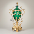 Neoclassical Emerald Glass Covered Urn Vase with Scrolled Brass Handles & Acanthus Mounts — Gold