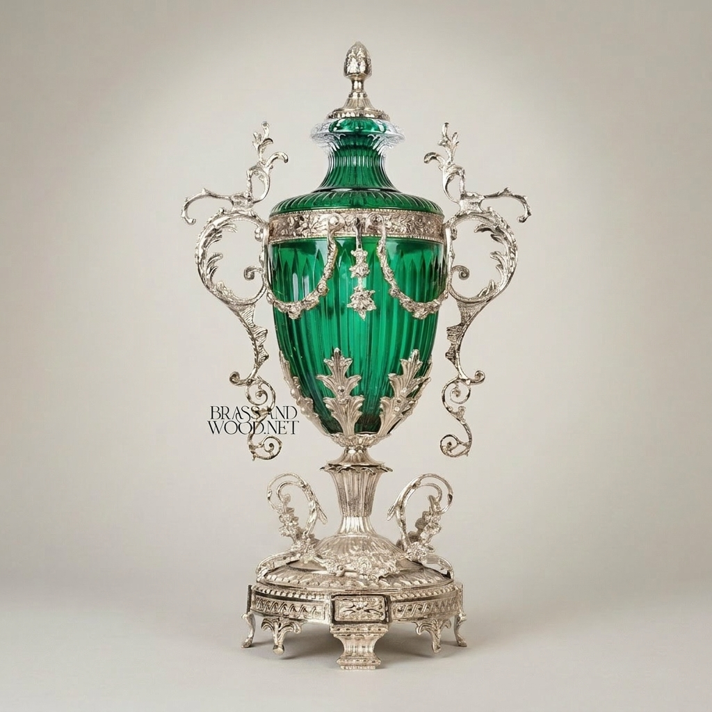 Neoclassical Emerald Glass Covered Urn Vase with Scrolled Brass Handles & Acanthus Mounts — Silver