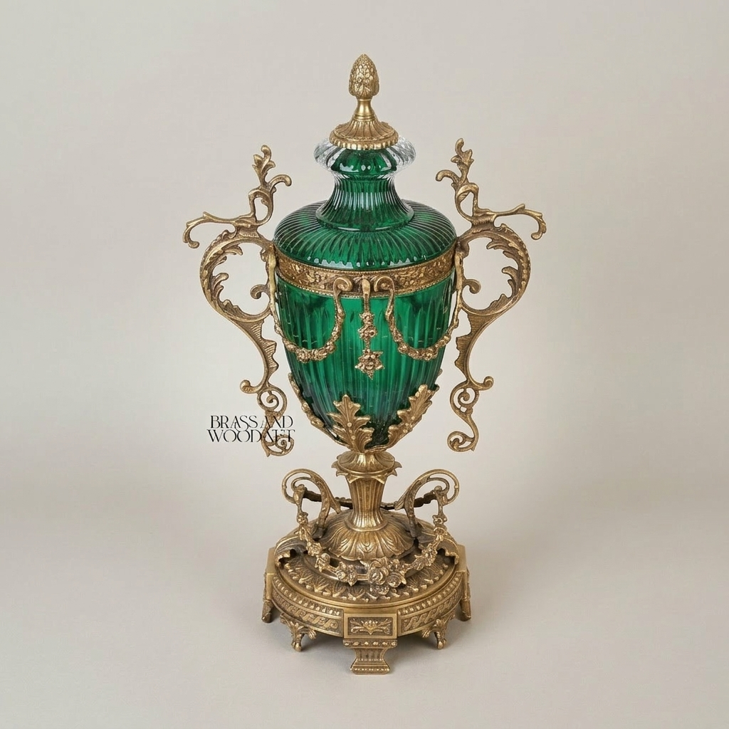 Neoclassical Emerald Glass Covered Urn Vase with Scrolled Brass Handles & Acanthus Mounts — Antique Gold