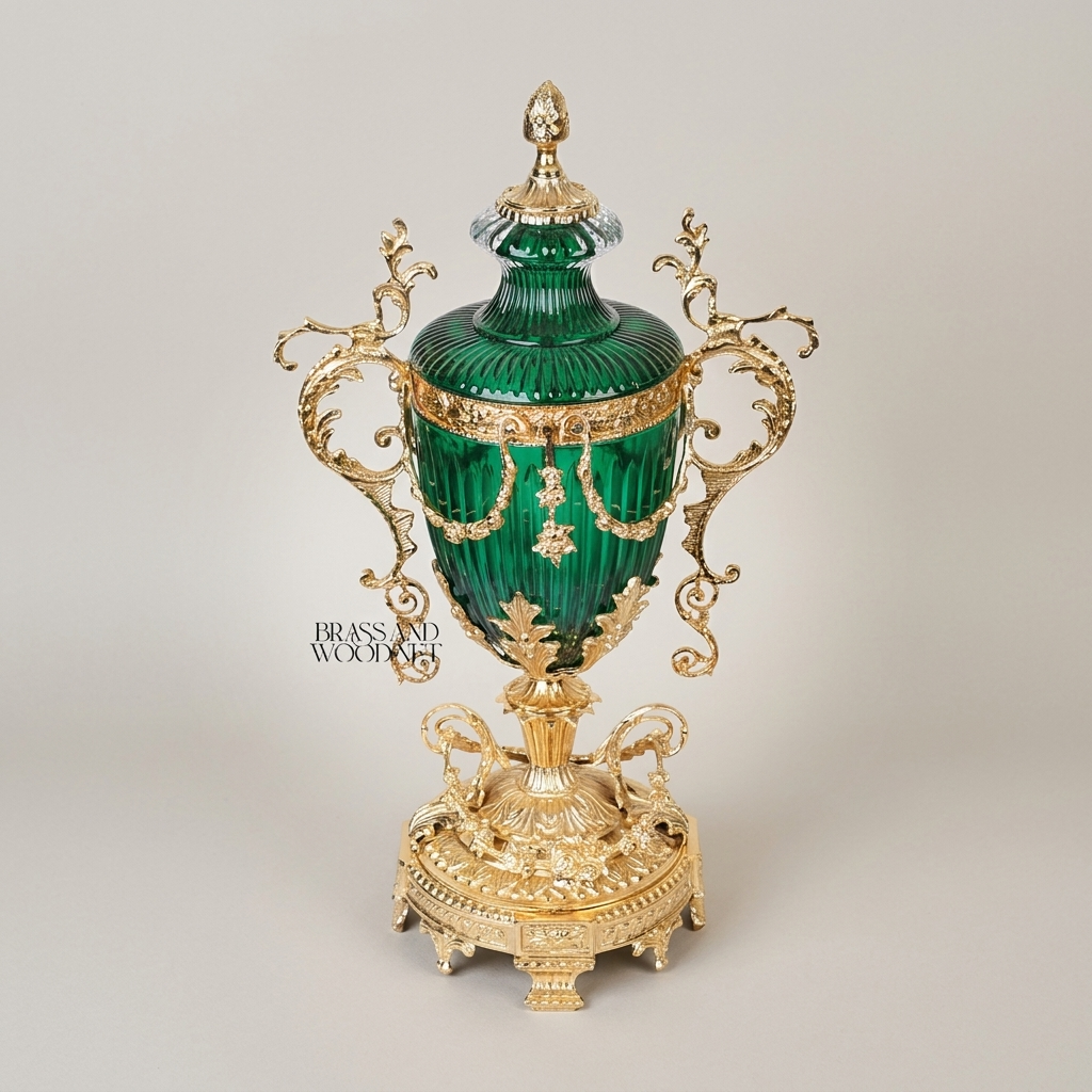 Neoclassical Emerald Glass Covered Urn Vase with Scrolled Brass Handles & Acanthus Mounts — Gold