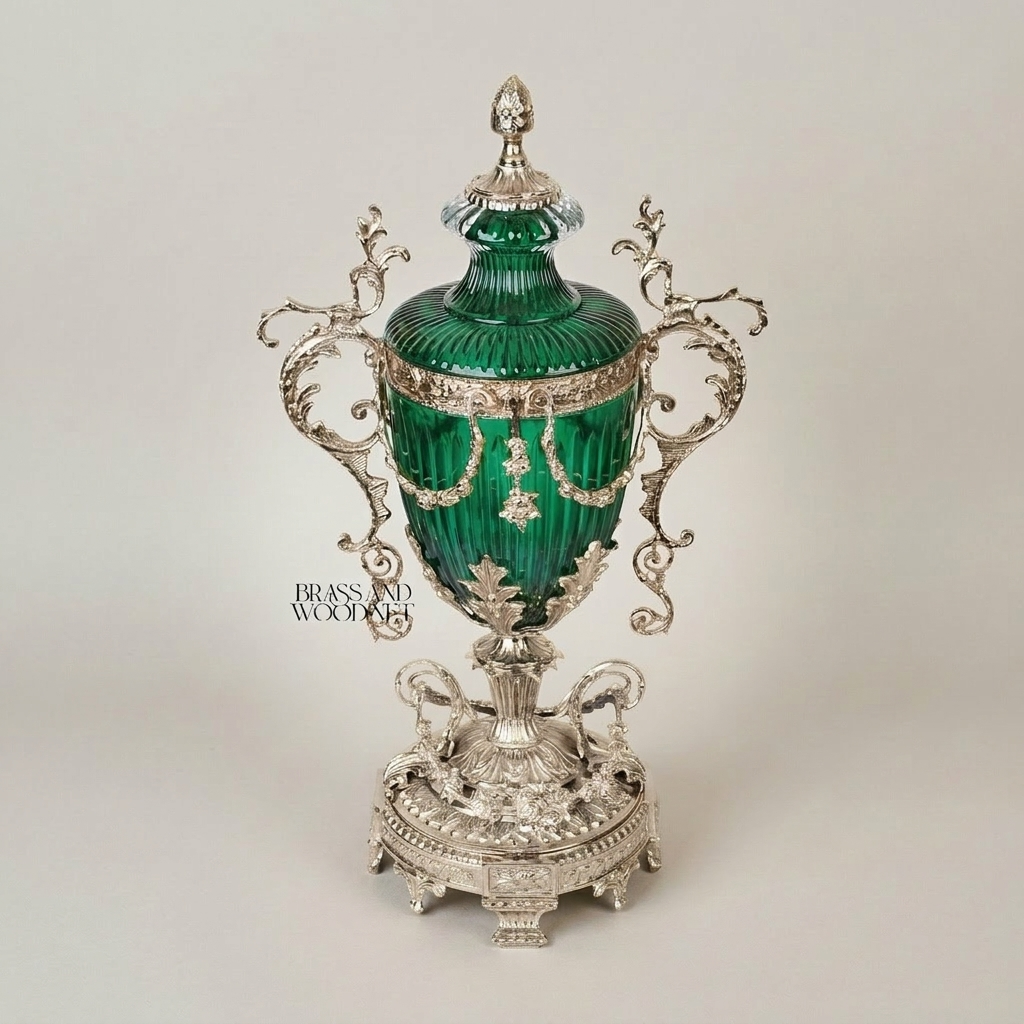 Neoclassical Emerald Glass Covered Urn Vase with Scrolled Brass Handles & Acanthus Mounts — Silver