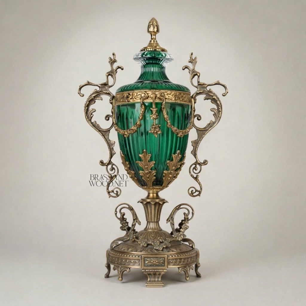 Neoclassical Emerald Glass Covered Urn Vase with Scrolled Brass Handles & Acanthus Mounts — Antique Gold