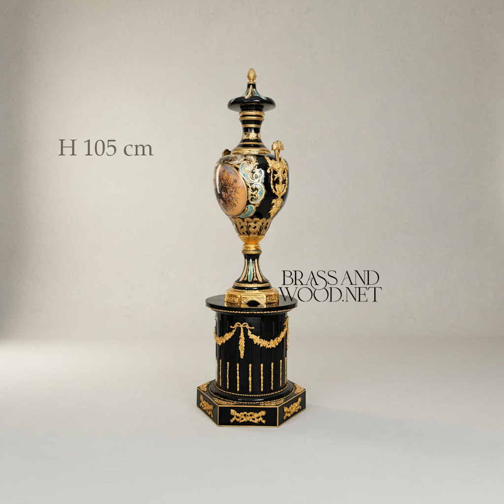 Neoclassical Empire Ceremonial Urn Vase on Pedestal with Gilt Swag & Floral Medallion — Gold