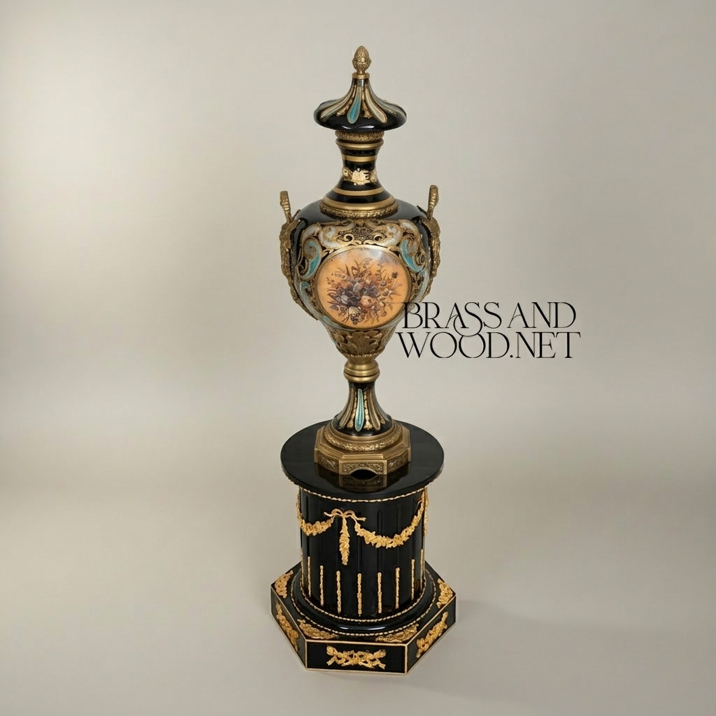 Neoclassical Empire Ceremonial Urn Vase on Pedestal with Gilt Swag & Floral Medallion — Antique Gold