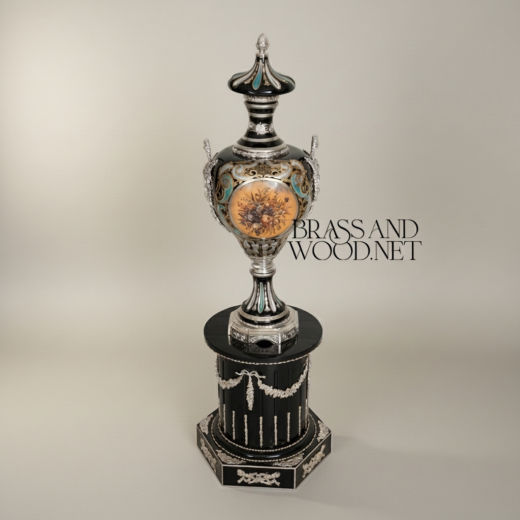 Neoclassical Empire Ceremonial Urn Vase on Pedestal with Gilt Swag & Floral Medallion — Silver