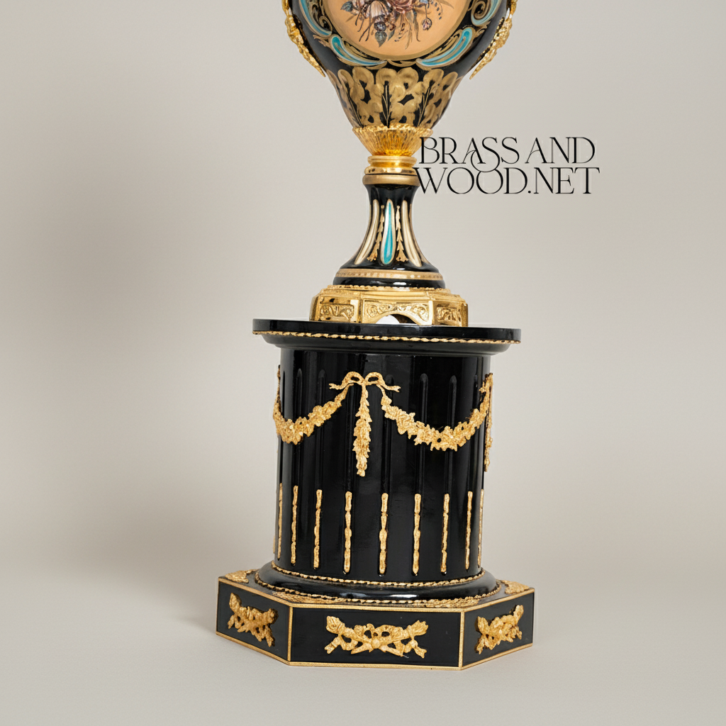 Neoclassical Empire Ceremonial Urn Vase on Pedestal with Gilt Swag & Floral Medallion — Gold
