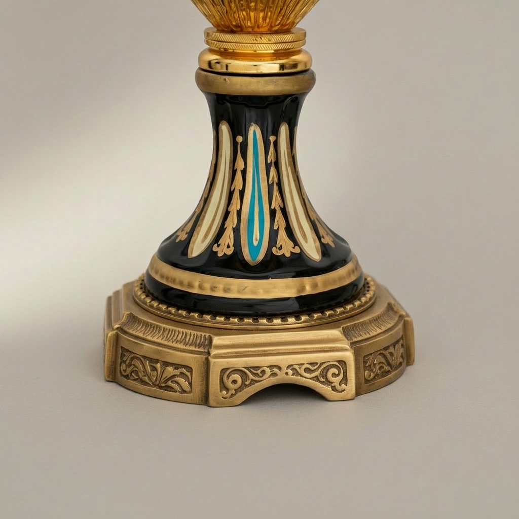 Neoclassical Empire Ceremonial Urn Vase on Pedestal with Gilt Swag & Floral Medallion — Antique Gold