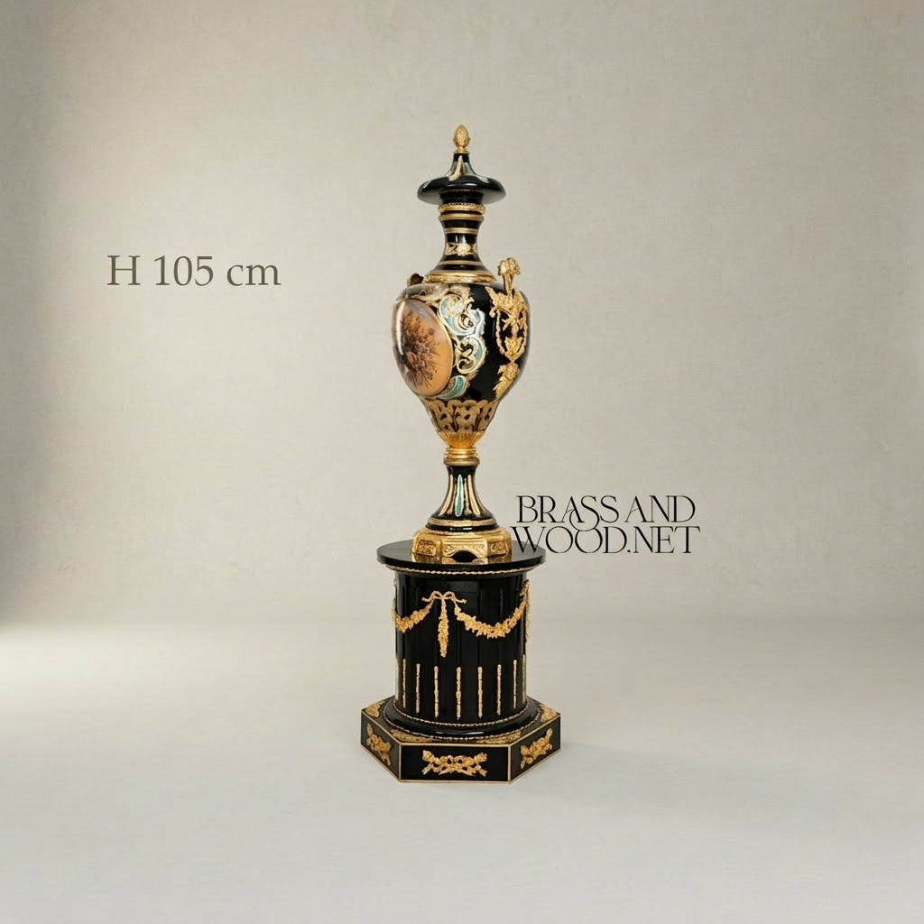 Neoclassical Empire Ceremonial Urn Vase on Pedestal with Gilt Swag & Floral Medallion — Antique Gold