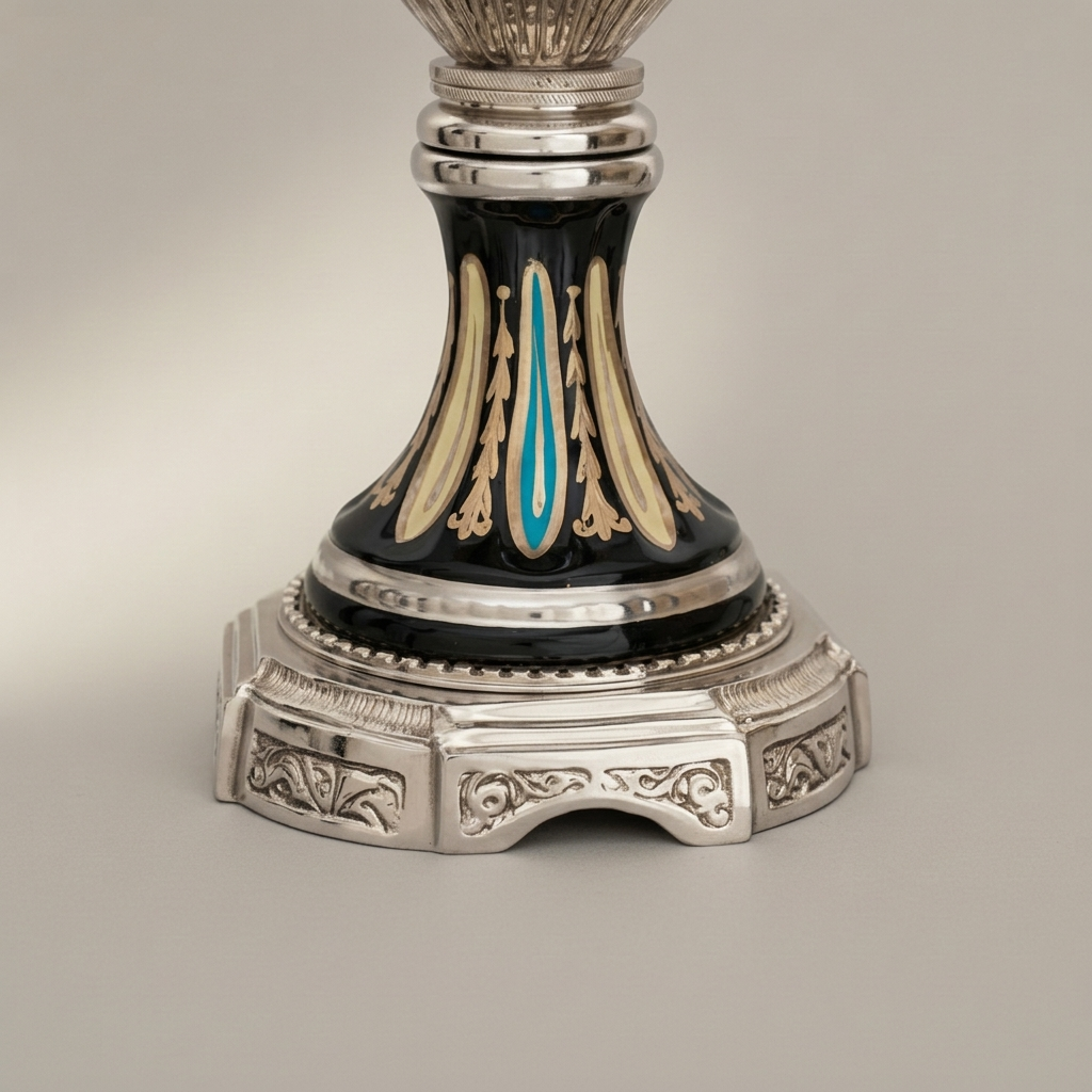 Neoclassical Empire Ceremonial Urn Vase on Pedestal with Gilt Swag & Floral Medallion — Silver