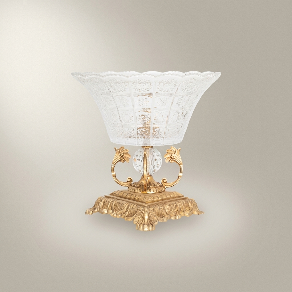 Neoclassical Engraved Crystal Cup on Ornate Brass Pedestal - Acanthus Foliage Base — Antique Gold