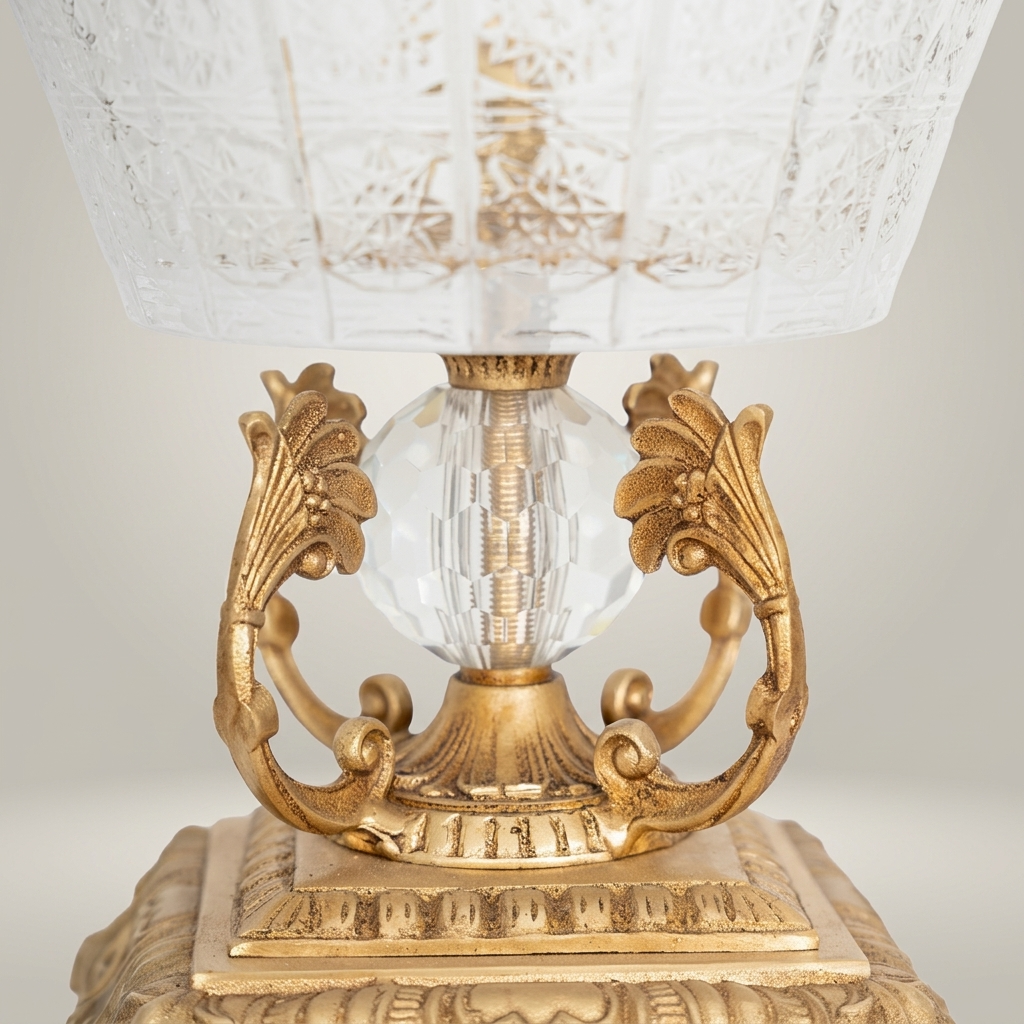 Neoclassical Engraved Crystal Cup on Ornate Brass Pedestal - Acanthus Foliage Base — Antique Gold