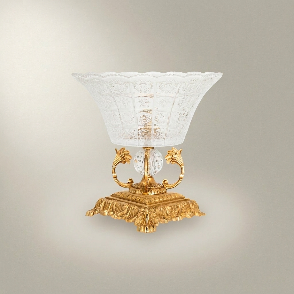 Neoclassical Engraved Crystal Cup on Ornate Brass Pedestal - Acanthus Foliage Base — Gold