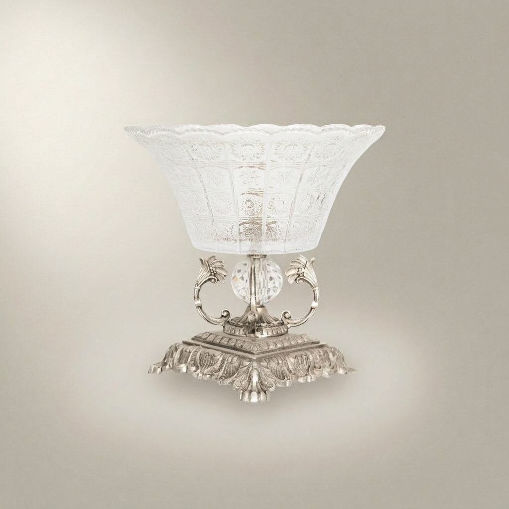 Neoclassical Engraved Crystal Cup on Ornate Brass Pedestal - Acanthus Foliage Base — Silver