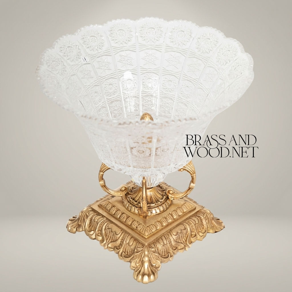 Neoclassical Engraved Crystal Cup on Ornate Brass Pedestal - Acanthus Foliage Base — Antique Gold