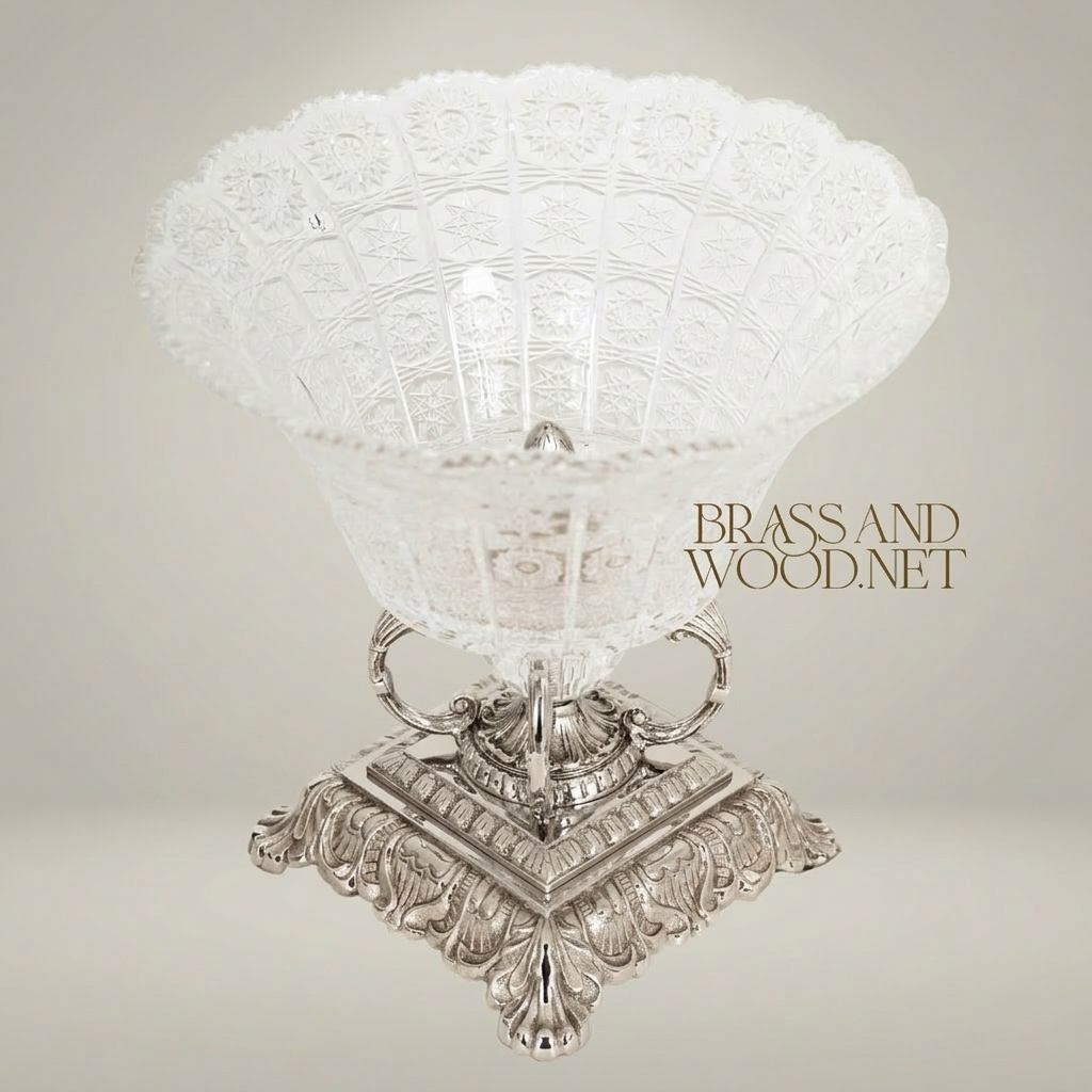 Neoclassical Engraved Crystal Cup on Ornate Brass Pedestal - Acanthus Foliage Base — Silver