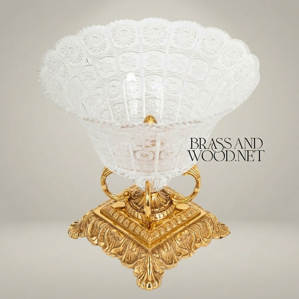 Neoclassical Engraved Crystal Cup on Ornate Brass Pedestal - Acanthus Foliage Base