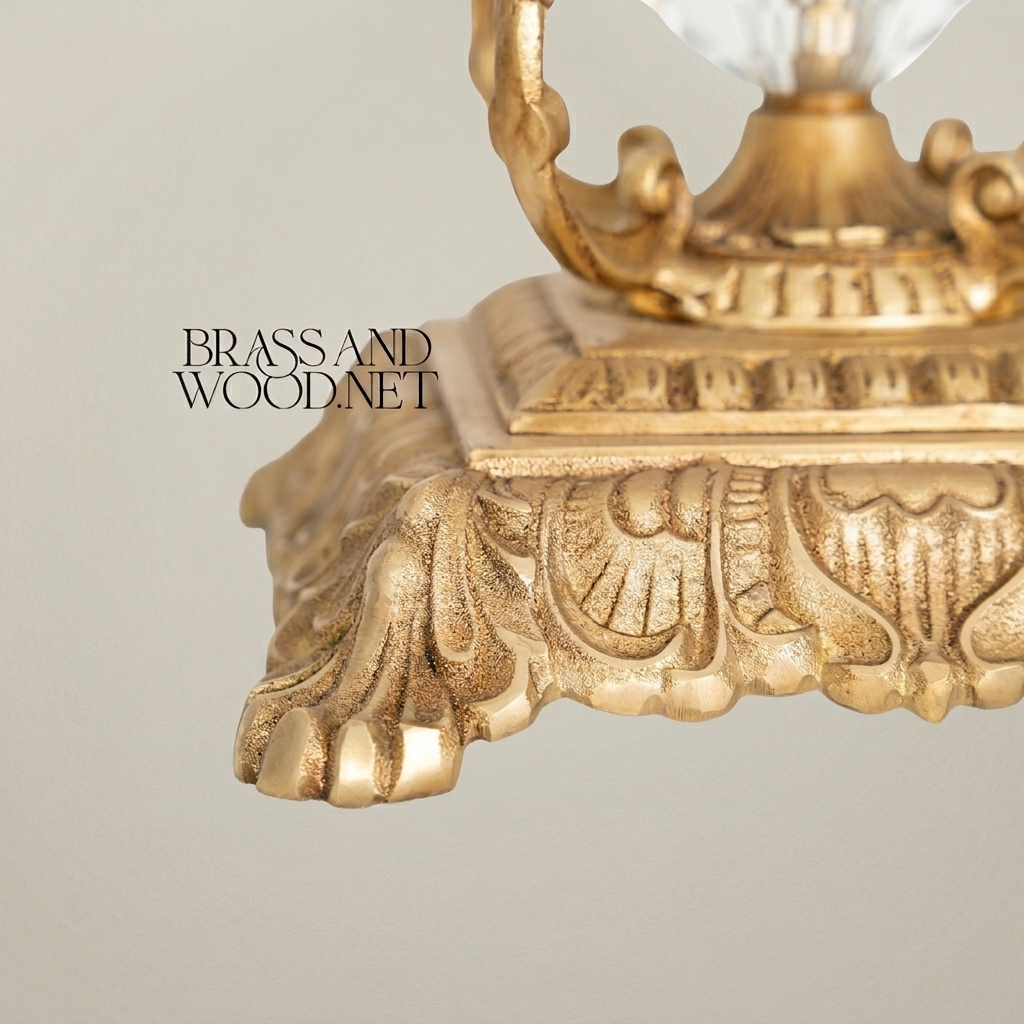 Neoclassical Engraved Crystal Cup on Ornate Brass Pedestal - Acanthus Foliage Base — Antique Gold