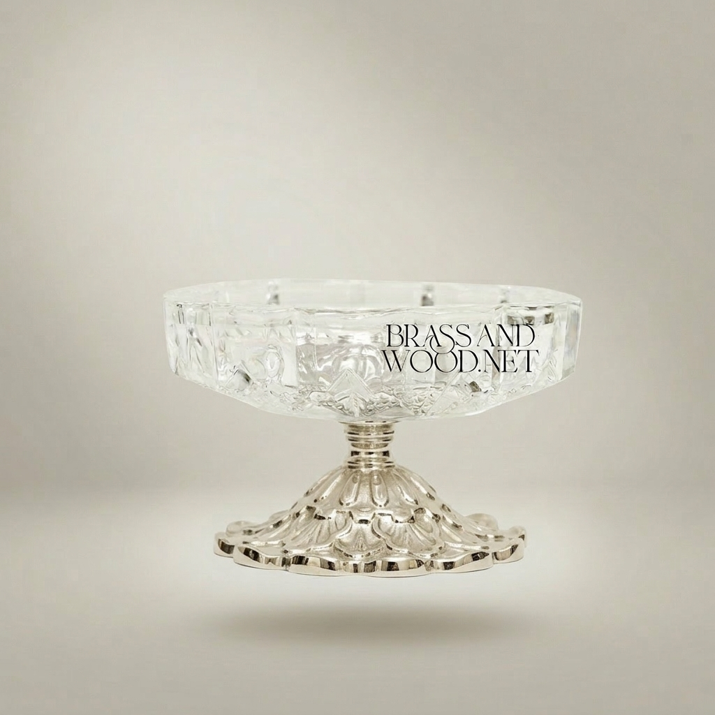 Neoclassical Faceted Crystal Ashtray on Ornate Brass Pedestal Base — Silver