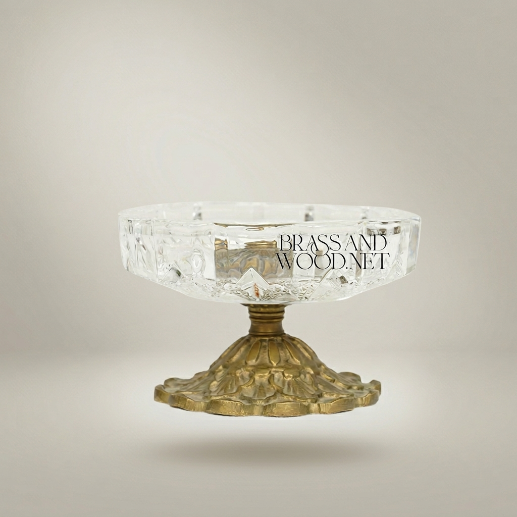 Neoclassical Faceted Crystal Ashtray on Ornate Brass Pedestal Base — Antique Gold