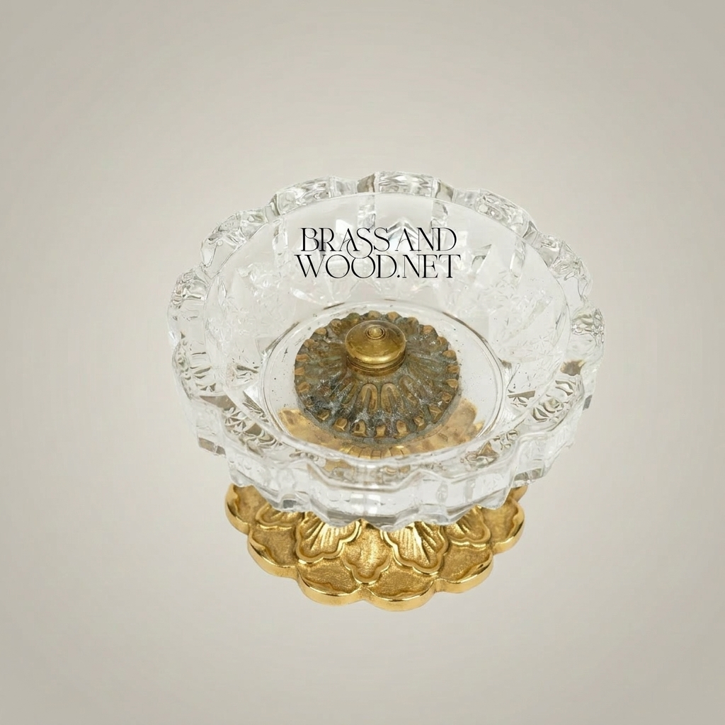 Neoclassical Faceted Crystal Ashtray on Ornate Brass Pedestal Base — Gold