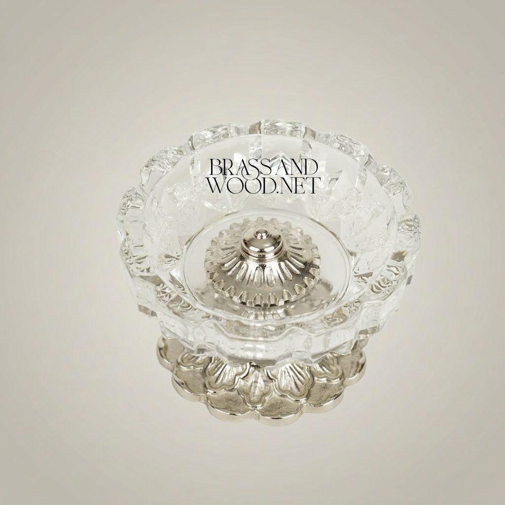 Neoclassical Faceted Crystal Ashtray on Ornate Brass Pedestal Base — Silver