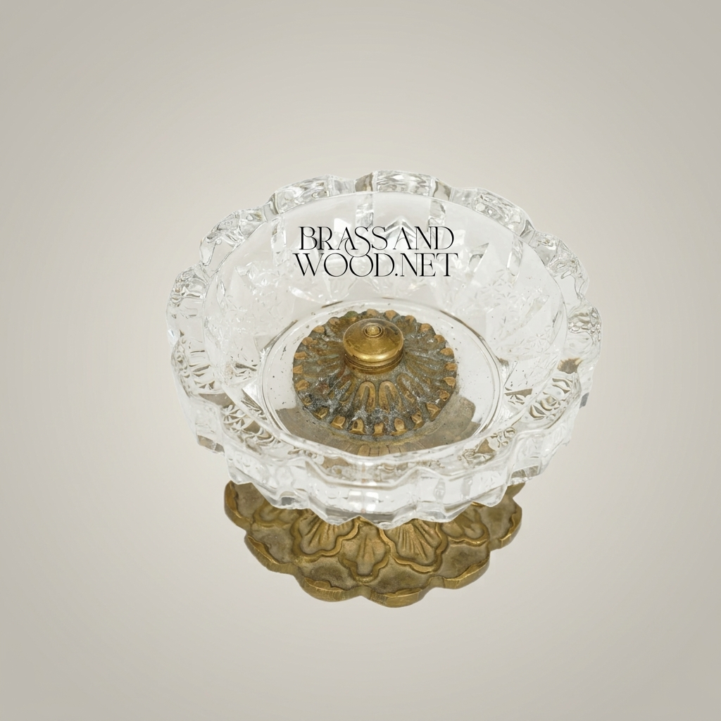 Neoclassical Faceted Crystal Ashtray on Ornate Brass Pedestal Base — Antique Gold