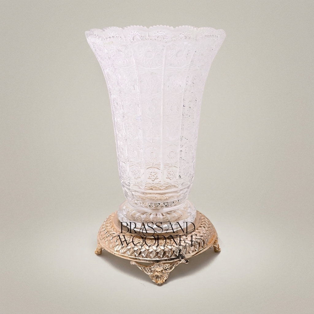 Neoclassical Hand-Cut Crystal Vase with Ornate Brass Footed Base — Silver