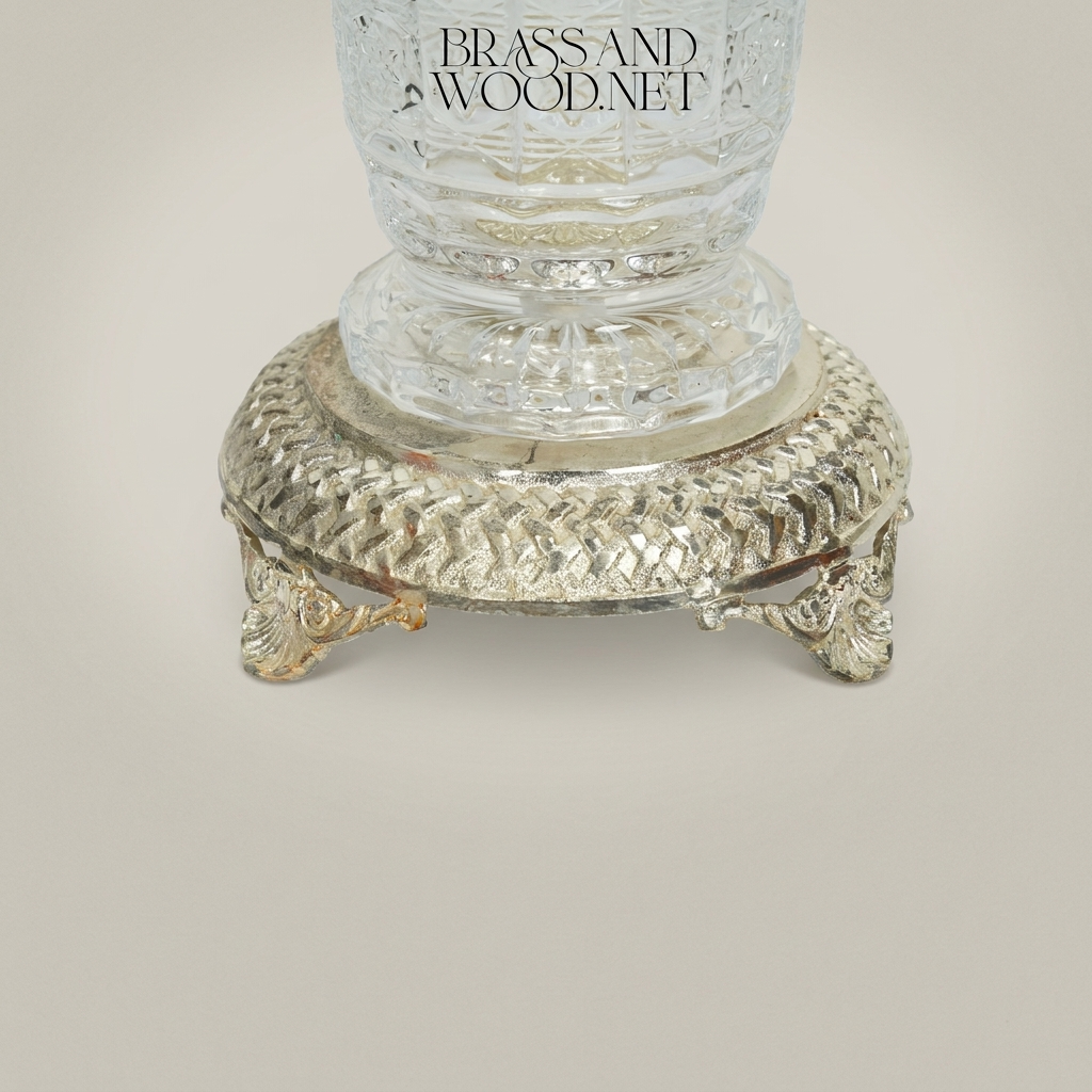 Neoclassical Hand-Cut Crystal Vase with Ornate Brass Footed Base — Silver