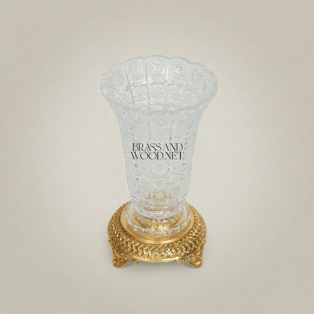 Neoclassical Hand-Cut Crystal Vase with Ornate Brass Footed Base — Gold