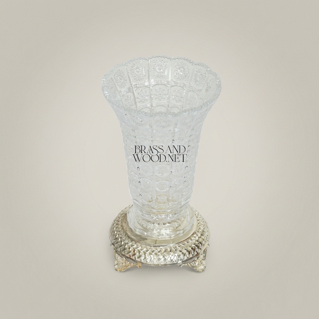 Neoclassical Hand-Cut Crystal Vase with Ornate Brass Footed Base — Silver