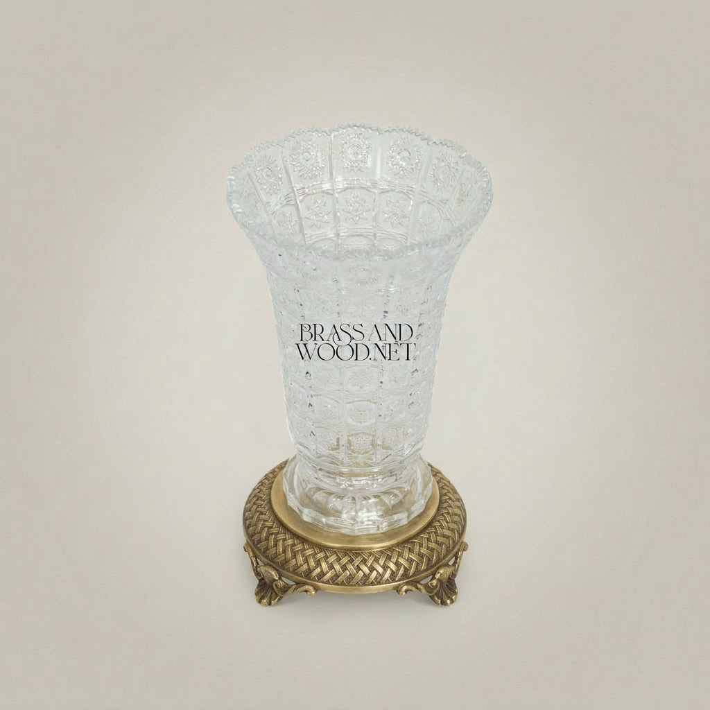 Neoclassical Hand-Cut Crystal Vase with Ornate Brass Footed Base — Antique Gold