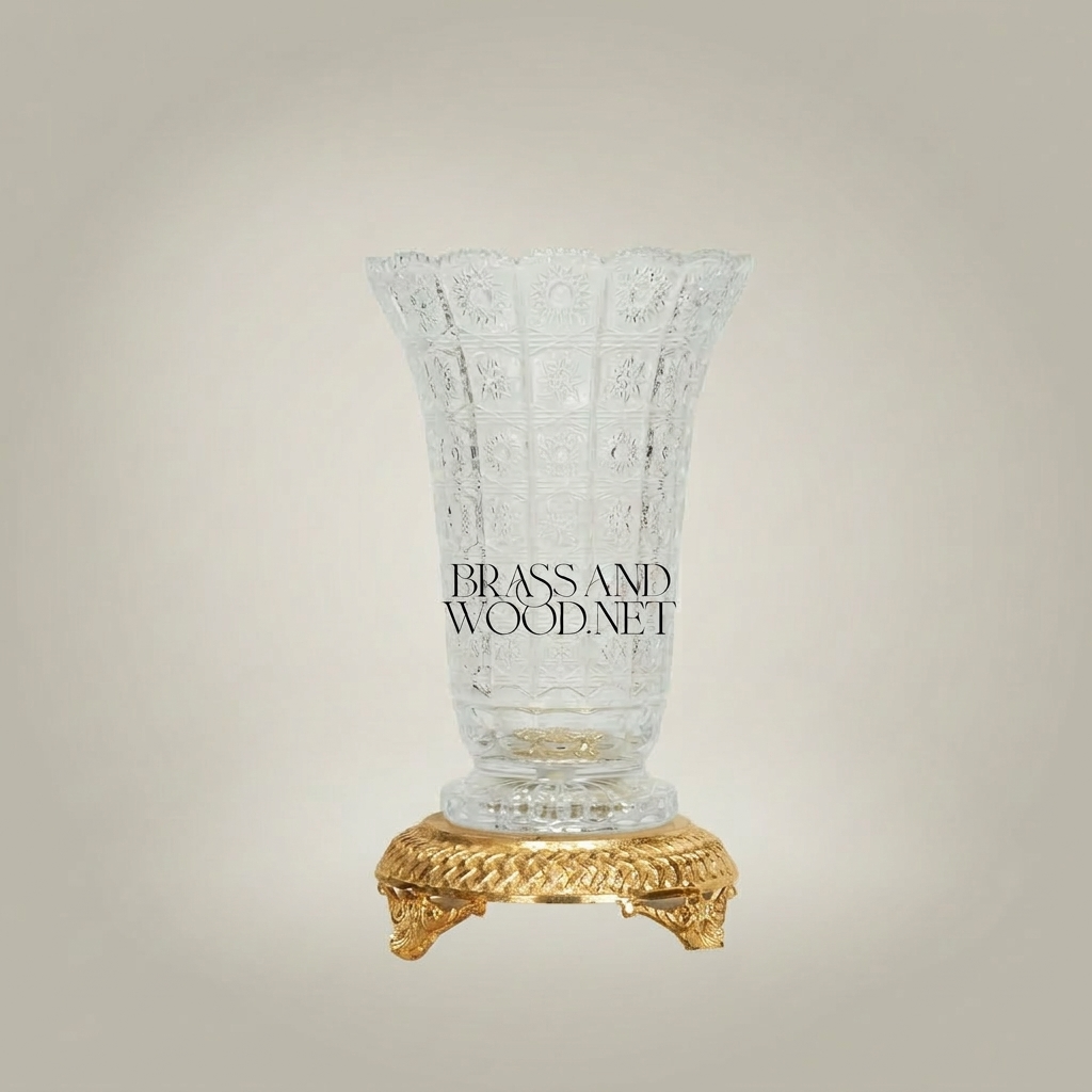 Neoclassical Hand-Cut Crystal Vase with Ornate Brass Footed Base