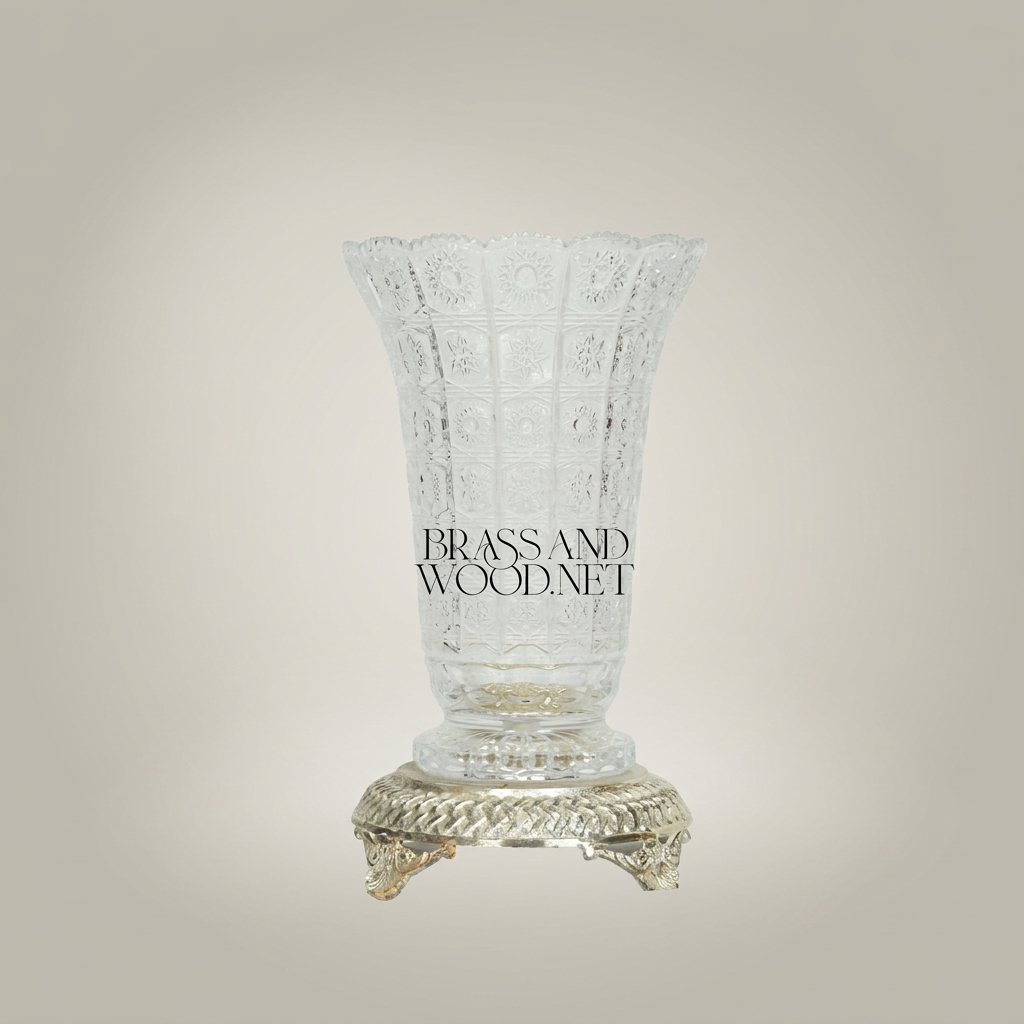 Neoclassical Hand-Cut Crystal Vase with Ornate Brass Footed Base — Silver