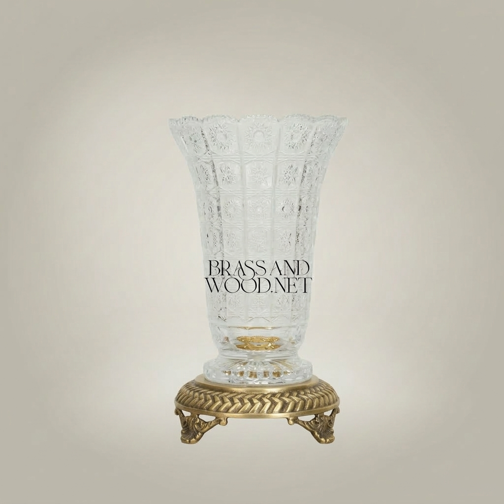 Neoclassical Hand-Cut Crystal Vase with Ornate Brass Footed Base — Antique Gold