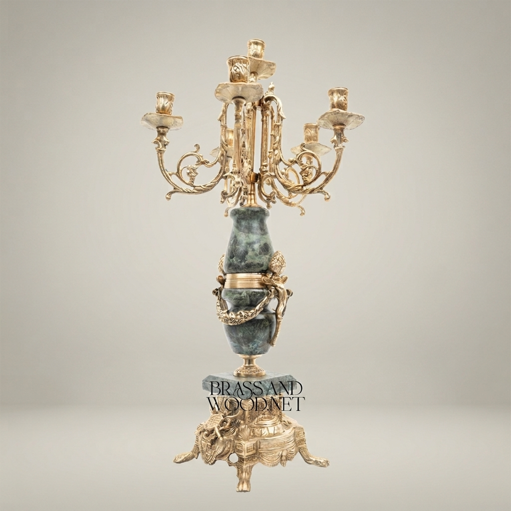Neoclassical Five-Arm Candelabra with Green Marble Urn Column and Ornate Brass Base — Antique Gold