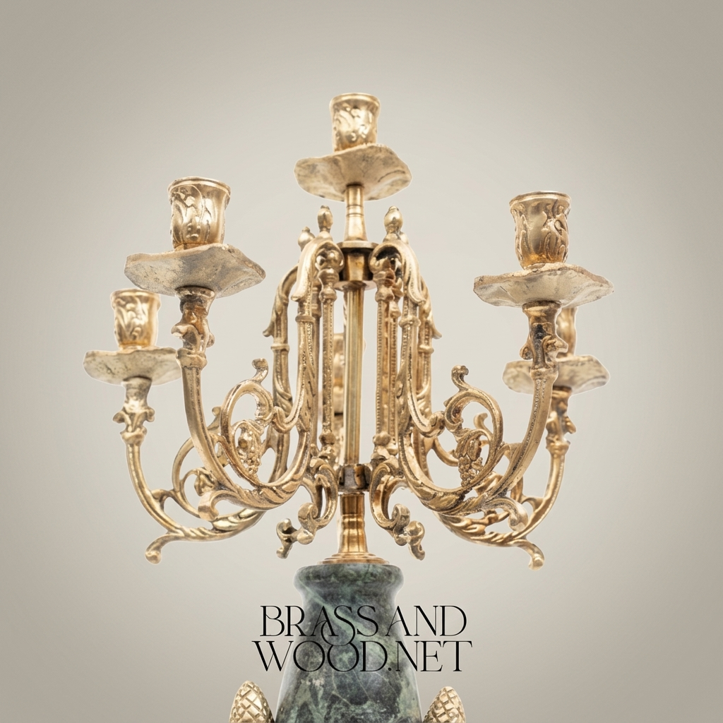Neoclassical Five-Arm Candelabra with Green Marble Urn Column and Ornate Brass Base — Antique Gold