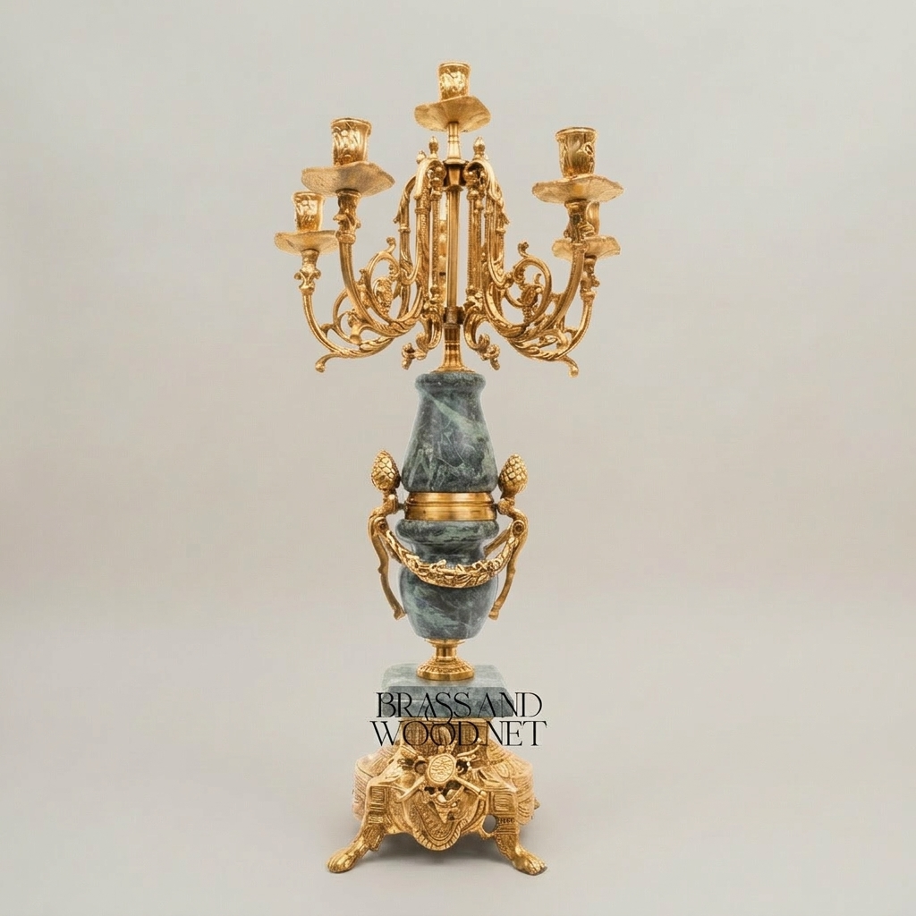 Neoclassical Five-Arm Candelabra with Green Marble Urn Column and Ornate Brass Base
