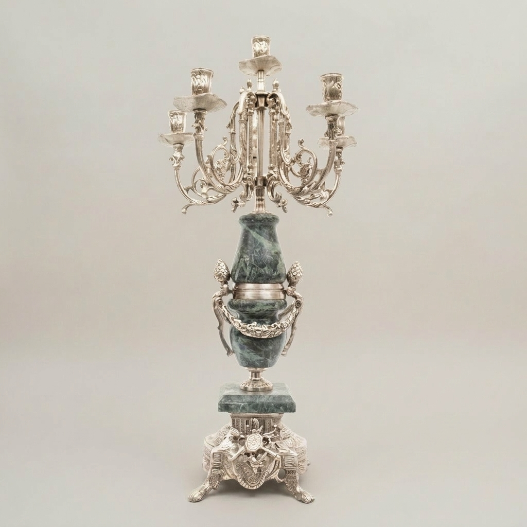Neoclassical Five-Arm Candelabra with Green Marble Urn Column and Ornate Brass Base — Silver