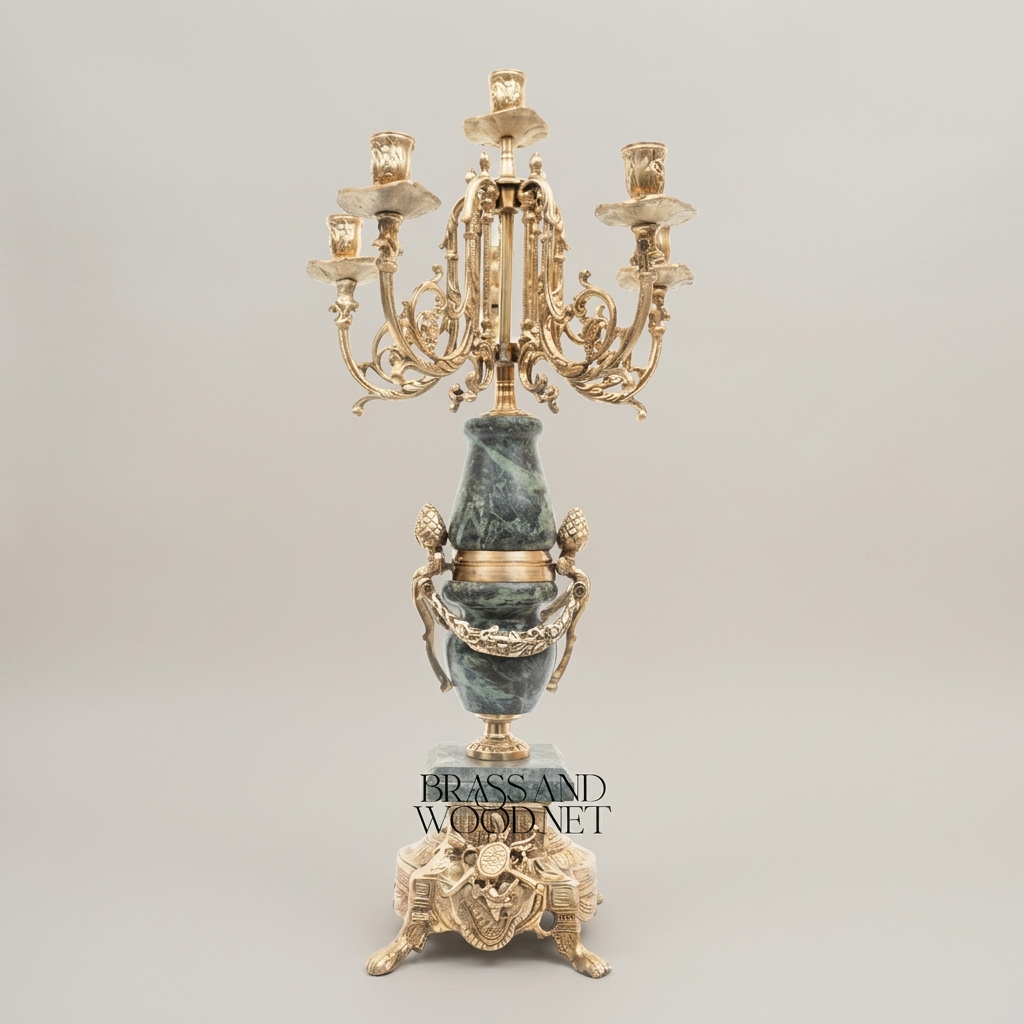 Neoclassical Five-Arm Candelabra with Green Marble Urn Column and Ornate Brass Base — Antique Gold