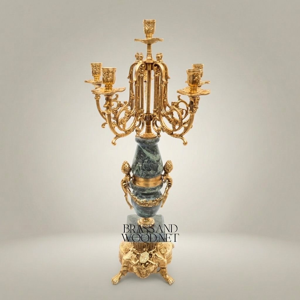 Neoclassical Five-Arm Candelabra with Green Marble Urn Column and Ornate Brass Base — Gold