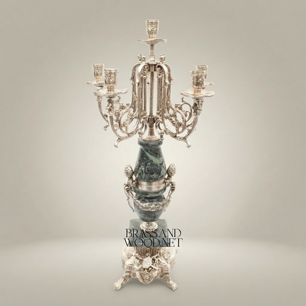 Neoclassical Five-Arm Candelabra with Green Marble Urn Column and Ornate Brass Base — Silver