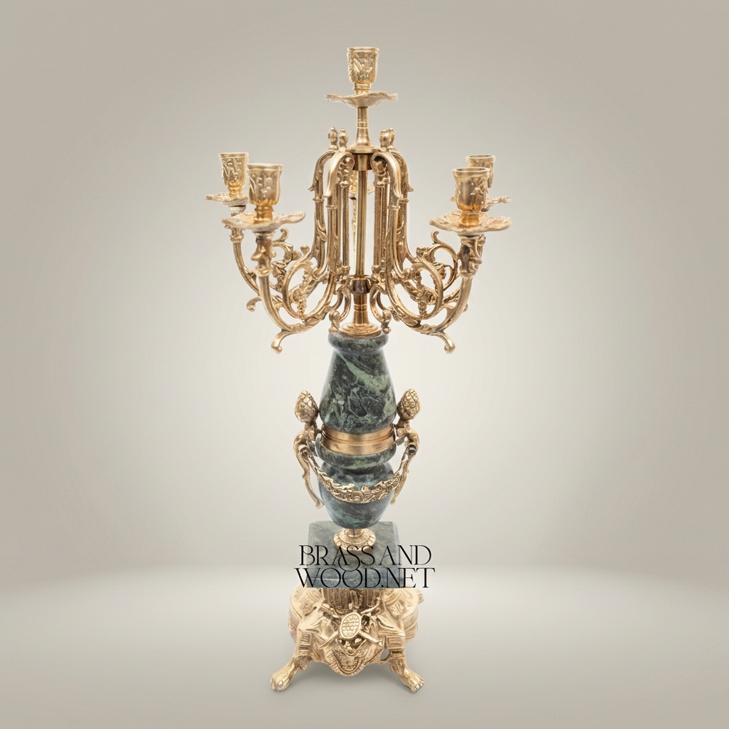 Neoclassical Five-Arm Candelabra with Green Marble Urn Column and Ornate Brass Base — Antique Gold