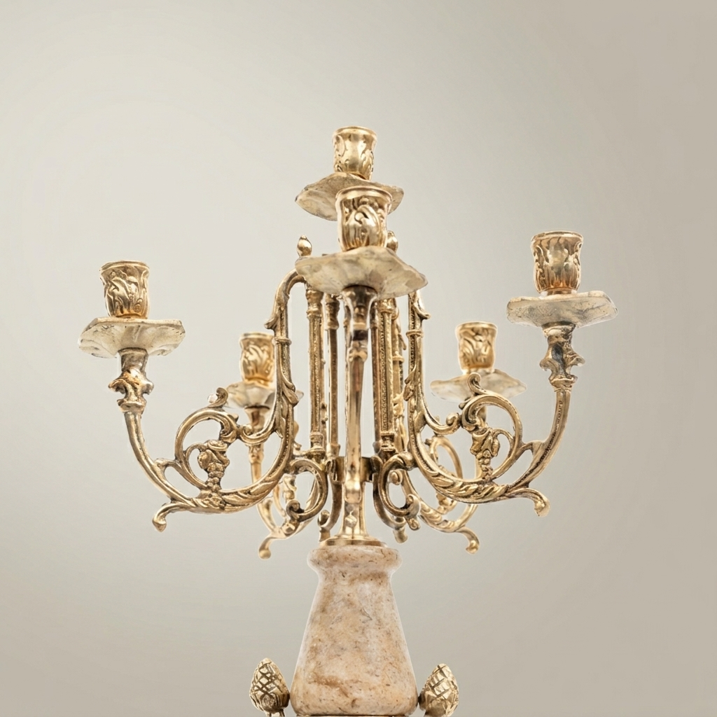 Neoclassical Five-Arm Candelabra with Marble Column & Ornate Brass Base — Antique Gold