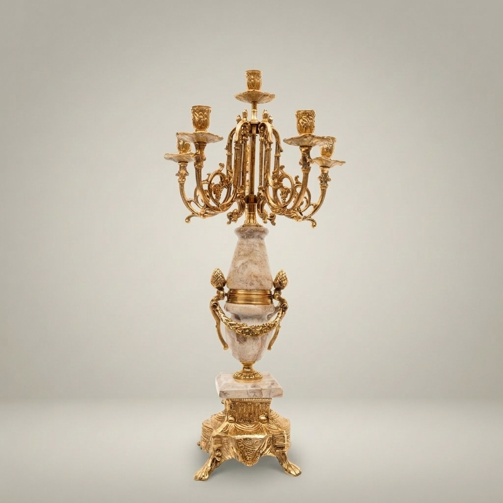 Neoclassical Five-Arm Candelabra with Marble Column & Ornate Brass Base — Gold
